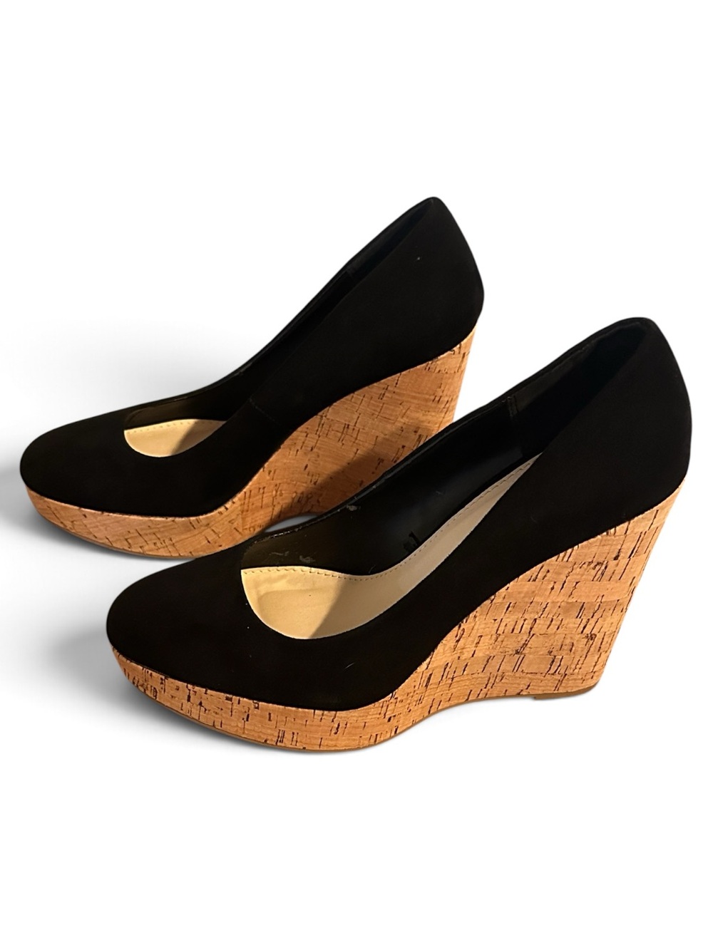 Forever 21 Black Suede Cork Platform Wedge Pumps